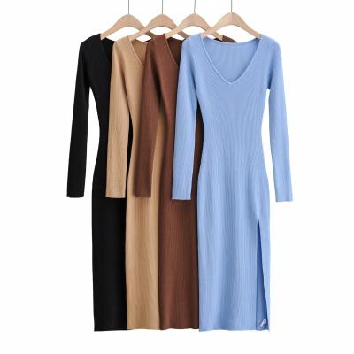 China Autumn and winter new beauty fashion V-neck side anti-static cardigan knitted long-sleeved dress mid-length skirt for sale