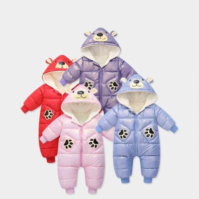 China Cozy Baby Clothes Cute Long Sleeve Hooded Baby Romper Infant Bear Thick One Piece Down Coat for sale