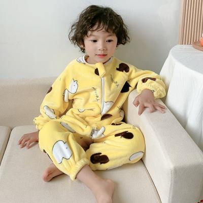 China Thick Flannel Cartoon Long Sleeve Crewneck Kids Pajamas Sets Winter Breathable Boys And Girls Home Use One Piece Sleep Overalls for sale