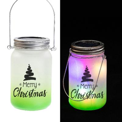 China Wholesale DIY Sublimation Photo Frosted Gradient Color 430ml Sublimation Mask Mason Jar Lantern With Lid And Metal Handle for sale