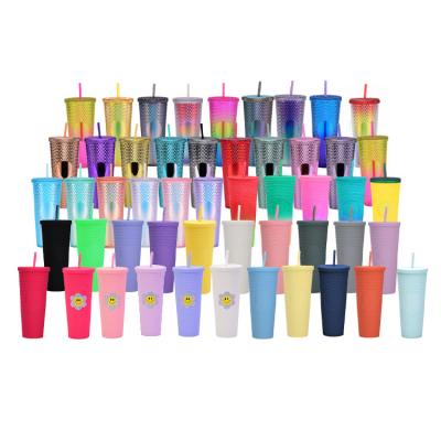 China Viable Hot Selling Diamond Reusable Drink Cups 24 oz Multi Color Black Studded Tumblers With Lid And Straw for sale