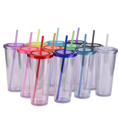 China Sustainable Wholesale Double Tumbler Clear Acrylic Cold Mug 24oz 16oz 22oz With Round Lid And Straw for sale