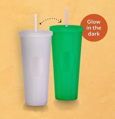 China New Trend 16oz 24oz Sustainable Double Wall Reusable Plastic Cups Glow In The Dark Studded Tumbler With Lids And Straws for sale