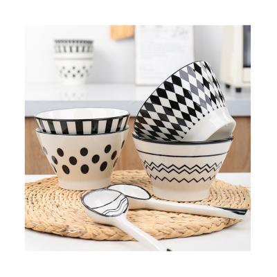 China Sustainable China Manufacture Quality Geometric Pattern 4 Bowls 4 Spoons Tableware Set Household Ceramics for sale