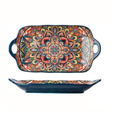 China Sustainable Bohemian moroccan style padprinting ceramic dinner plate dinnerware oval bakeware baking tray with two handles for home kitchen for sale