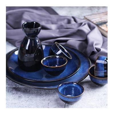 China Sustainable Ceramic Kiln Turned Blue Wine Set Wine Cup Set Rice Wine Shaojiu Baijiu Cup Sake Pot Cup for sale