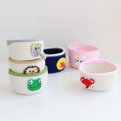 China Eco Friendly Nursery Knit Crochet Cotton Rope Craft Bedroom Storage Baskets With Animal Applique for sale