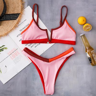 China Beach wear 2021 sexy micro bikini ladies V-neck swimwear red-pink common two-piece breathable thong for women for sale