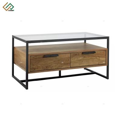 China Modern industrial chic coffee table with tempered glass top for sale