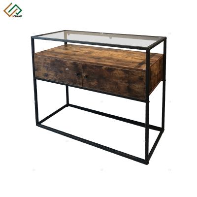 China 2 Drawer Style 2 Drawer Hallway Metal Frame Industrial Console Table With Glass Top for sale