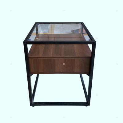 China Tempered Glass Industrial Style Metal Framed 1 Wood Drawer Near End Side Table for sale