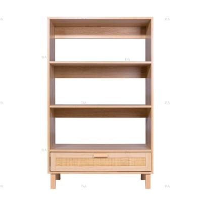 China (Height)Adjustable Flat Furniture Storage Shelves Wooden Rattan Bookcase One Drawer Shelf for sale