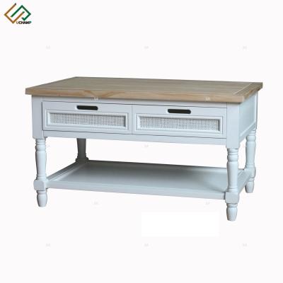 China 2 drawer white painted wooden and rattan coffee table with stand for sale