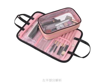 China New Design Handled Black And Pink Waterproof Foldable Hanging Clear Travel Make Up Organizer Cosmetic Bag for sale