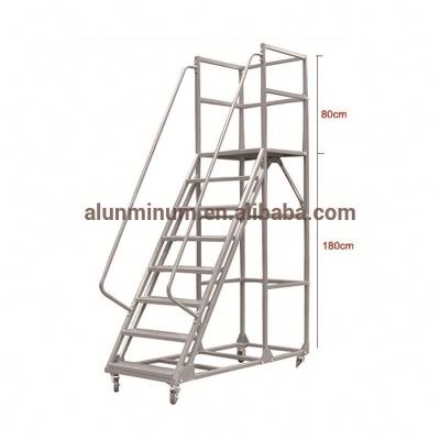 China Folding Ladders Safety rolling with wheels 1800mm height iron mobile platform ladder with handrail for sale