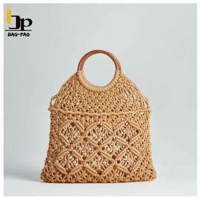 China Grogery Hot Sale Durable Cotton Rope Women Crochet Large Capacity Travel Handbag Purse With Bamboo Handles For Shopping for sale