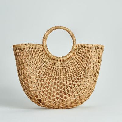 China 100% Eco-friendly Printing Weaving Beach Handbags Low Half Moons Hollow Yellow Grass Beach Bags Recycled for sale