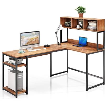 China (Size) Brown Retro Adjustable L Shaped Desk With Storage Shelves Writing Table Office Workstation With Shelf for sale