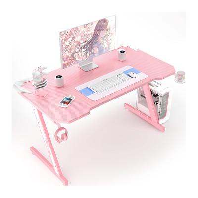 China Adjustable Pink Z (Height) Shaped Gaming Table LED Lights Ergonomic Table Computer Desk with Cup Holder and Earphone Hooks for sale