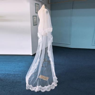 China Long Lace Edge Bridal Veil With Bombshell Lace Edge Double Layers Tow Long Dress Wedding for sale