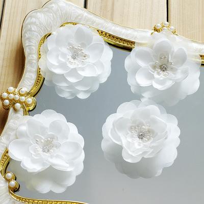 China 3D Organza Satin Handmade Flowers DIY Dressing Accessories White And Pink With Stamens 8 Cm In Diameter for sale