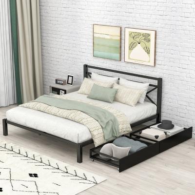 China Storage Factory Supply Iron Metal Platform Bed With Two Drawers Metal Bed High Quality Twin Full Steel Frame for sale