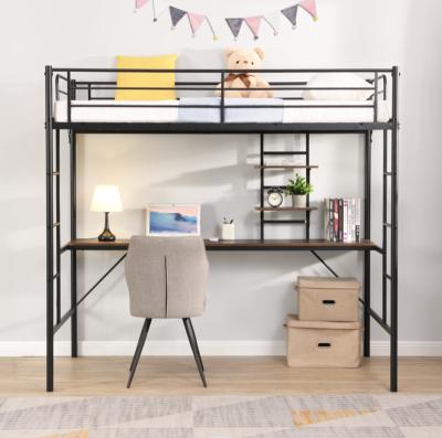 China Storage metal twin loft bed with desk and storage shelves bed frame with 2 ladders and side guards Safety rails for sale