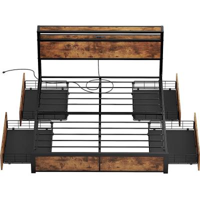 China High Quality Queen Storage Bed Frame With Storage Drawer, 2-Tier Storage Headboard Platform Bed With Charging Station for sale