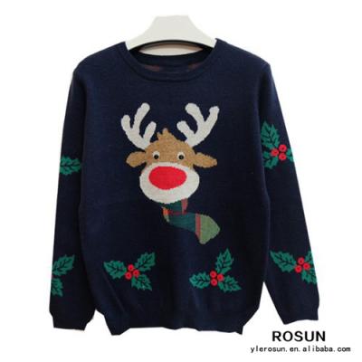 China 100% Cotton Royal Blue Reindeer Leaf Print Christmas Pullover for sale