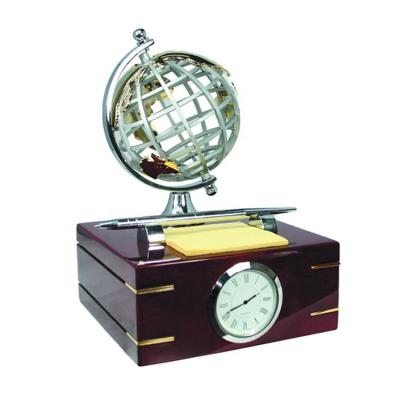 China Best Quality Quartz Clock Wooden Table Stand Globe Clock Business Gifts With Pen Set for sale