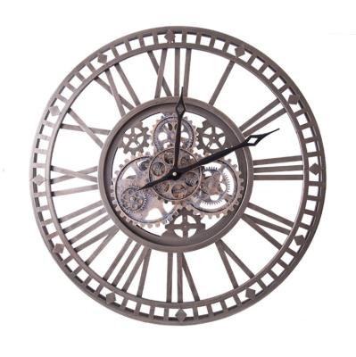 China Real European popular antique industrial luxury oversized vintage round metal style gear moving wall clock for sale