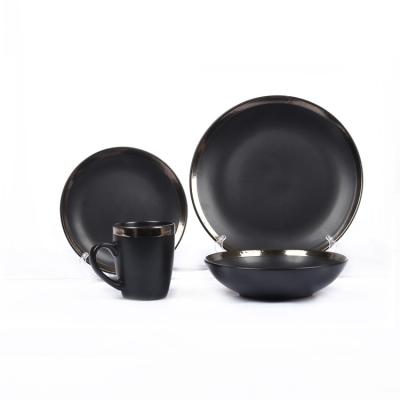 China Sustainable Luxury Matte Black Color With Wide Gold Rim Glazed Charger Dishes Dish Cups For Restaurant Hotel Buffet 4 Pcs In 1 Set for sale