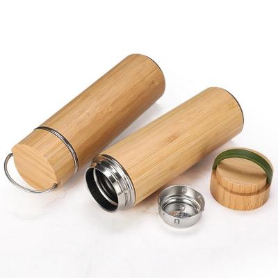 China Sustainable 450ml/500ml Wholesale double wall stainless steel bamboo water bottle, bamboo thermos for sale