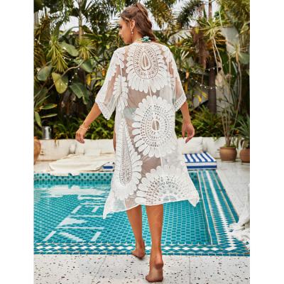 China New Anti-static Net Sunscreen Sunscreen V-Neck Middle Sleeve Embroidered Lace Swimsuit Dress Cover Up for Women for sale