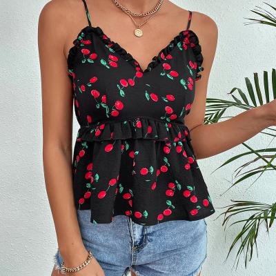 China Anti-pilling summer 2022 European and American women's size collection cherry black sleeveless printed halter tops for sale