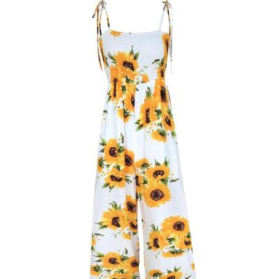 China Summer QUICK DRY Women's Sunflower Print Long Back Overalls With Collar Straps Tie Bodice Sleeveless Smock Design 214016 for sale