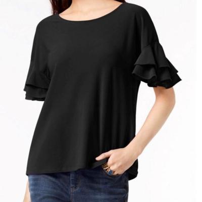 China Anti-pilling summer chiffon tops for girls and women with ruffle sleeve in black OEM ODM design for sale