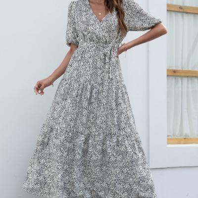 China Summer Vintage Bohemia Print Bandage Anti-Static Ruffles Lower To Hem Pastoral Maxi Dress Women Casual V-Neck Short Sleeve Vacation Dress Long Dress for sale