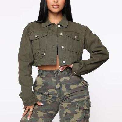 China Army Green Windproof Short Fit Sleeves Long Front Buttons Slim Crewneck Lattice Jackets High Quality Custom Women for sale