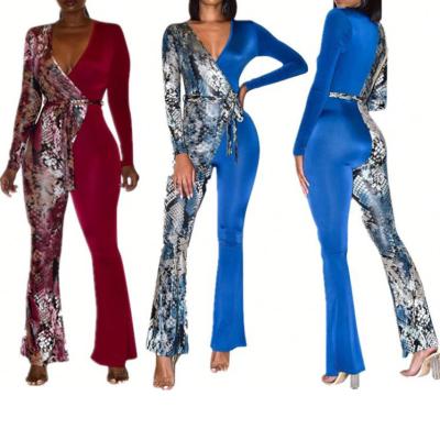 China Fashionable new arrival v neck snakeskin print anti-static patchwork casual long sleeve jumpsuit for sale