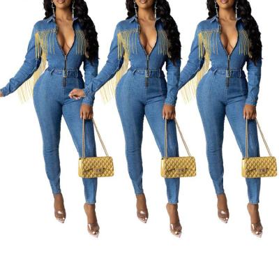 China New Anti-Static Casual Turn-Down Neck Long Sleeve Tassels Jeans Mujer Bodycon Overalls for sale