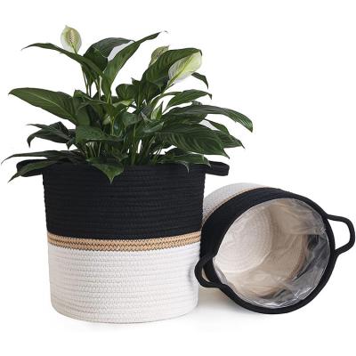 China Country Wholesale Handmade New Style Cotton Rope Flower Pots Modern Woven Baskets for Storage Rustic Home Decor,White & Black Stripes for sale