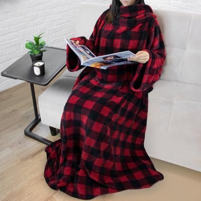 China Good Selling Folded High Quality Portable Soft TV Fleece Blanket With Sleeves And Pocket Comfortable Soft Fleece Blanket Robe For Women for sale