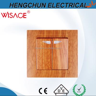 China New Safe Style Two Strip Wooden Plate Wall Switch With Led Light for sale