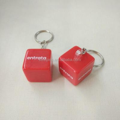 China Plastic Red Acrylic Cube Key Chain With White Printing Logo for sale