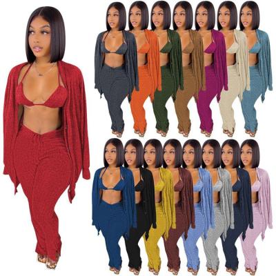 China Breathable 3 Piece Bra Cardigan And Rocket Slit Pants Knitwear For Women Sweatsuit Set Tracksuit Plus Size Women Clothing for sale