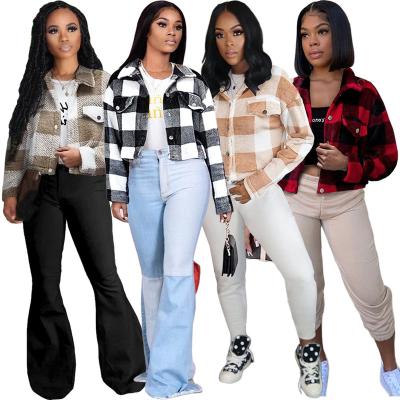 China Breathable Plaid Color Block Classic Crop Coat Short Women Coats And Jacket for sale