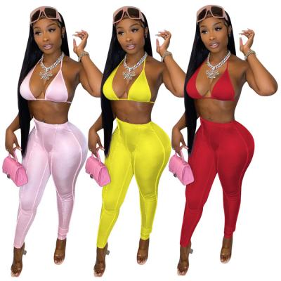 China Sleeveless Beachwear Two Piece Playsuit Long Pants Bras Women Swimwear Breathable Sexy Halter Tracksuit 2 Piece Bikini Sets for sale