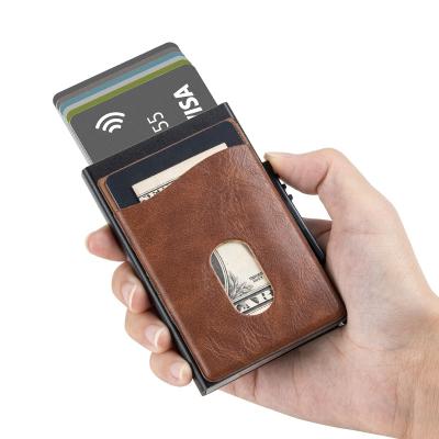 China Premium Fashion Rfid Blocking Automatic Automatic Aluminum Card Wallet Leather Bank Card Holder Card Wallet for sale