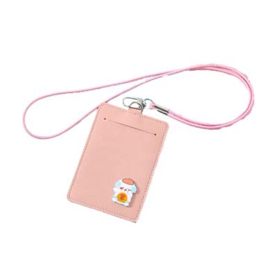 China High Quality Solid Color Custom ID Card Holder Metal Hook Student Leather ID Credit Card Holder Case Portable/Good Quality For Ladies for sale